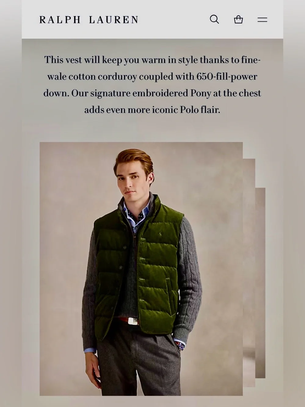 Polo by Ralph Lauren Olive Green Corduroy Quilted Vest